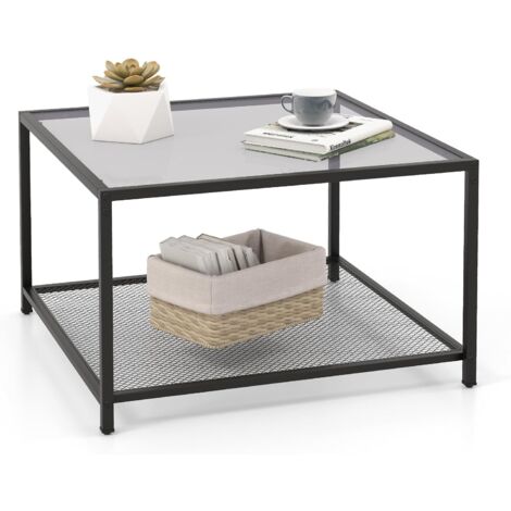 COSTWAY Couchtisch Glas, Glastisch mit 2 Ebenen, Wohnzimmertisch mit Netzregal und Oberfläche aus Hartglas, Kaffeetisch, Sofatisch für Wohnzimmer, 70 x 70 x 45 cm Grau und Schwarz