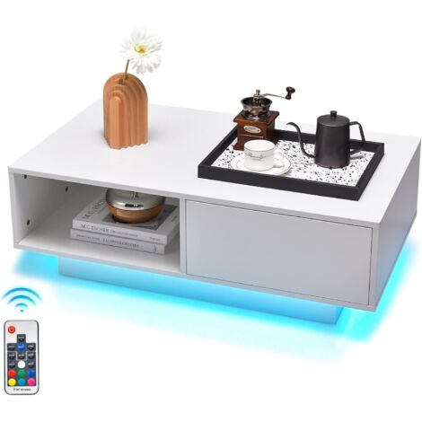 COSTWAY Couchtisch mit 20 Farben LED, Fernbedienung, Schublade 95 x 55 x 31 cm, rechteckig