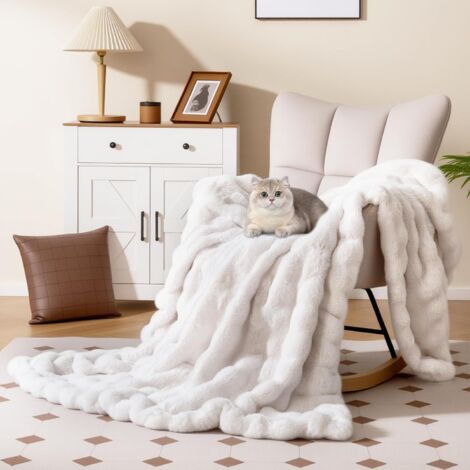 COSTWAY Couverture Polaire Flanelle, Plaid en Fausse Fourrure Chaude et Moelleuse, Épaisse, Jeté de Canapé Confortable pour Lit, Canapé, Fauteuil, pour Toutes Les Saisons (180 x 200 cm,Blanc)
