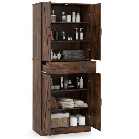 COSTWAY Credenza Alta Cucina in Legno,3 Ripiani,1 Cassetto,4 Ante,77x39x183cm,Marrone