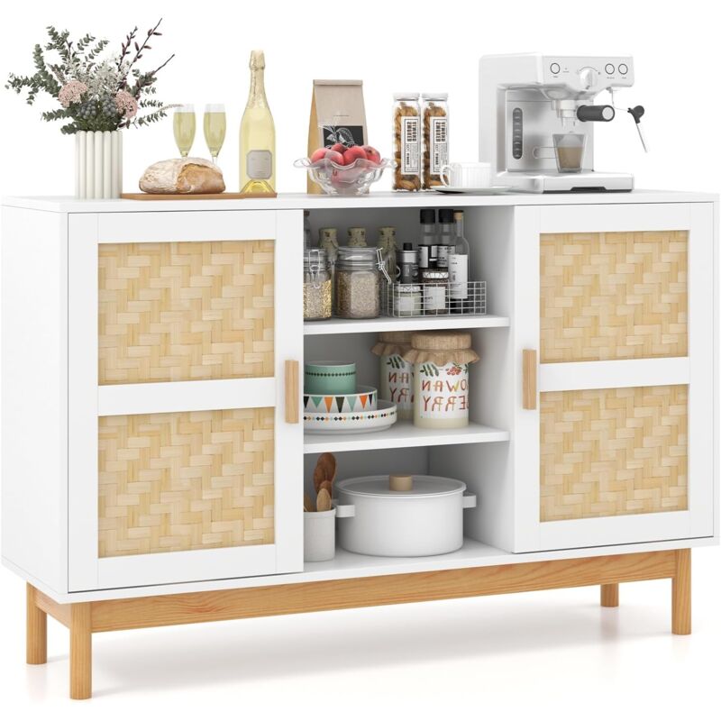 Image of Credenza Buffet da Cucina, Mobile da Cucina con 2 Porte Intrecciate in Bambù, 3 Ripiani Aperti, per Cucina, Sala da Pranzo, Soggiorno e Ingresso, 120