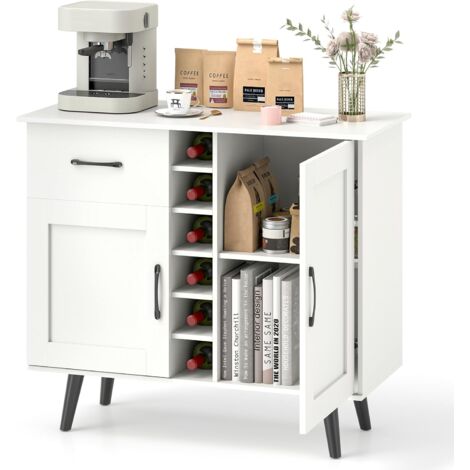 COSTWAY Credenza Buffett da Cucina con 6 Cubi Porta Bottiglie di Vino, Mobile da Cucina con Cassetto, 2 Ante e 2 Ripiani Regolabili, Armadio in Legno Salvaspazio per Soggiorno, 90 x 40 x 79 cm, Bianco