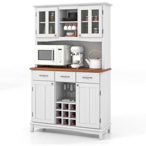 COSTWAY Credenza da Cucina, Armadietto Dispensa da Cucina Alto con Ante in Vetro Temperato, Portabottiglie, Ripiani Regolabili, Mobile Moderno per Cucina con 3 Cassetti e Ripiani Aperti (Bianco)