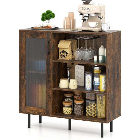 COSTWAY Credenza da Cucina, Armadietto Salvaspazio in Legno con Porta, Ripiano Regolabile e Portabicchieri da Vino, Mobile a Buffet per Soggiorno, Sala da Pranzo e Ingresso, 95 x 35 x 98 cm