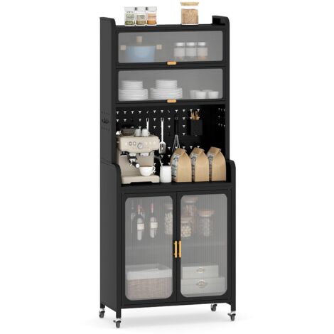 COSTWAY Credenza da Cucina, Armadietto Salvaspazio in Metallo con Ampio Piano di Lavoro, Ripiano Regolabile, Pannello Forato e Ruote, per Sala da Pranzo e Soggiorno, 79 x 37 x 192 cm