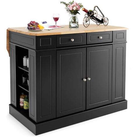 COSTWAY Credenza da Cucina in Legno, Isola da Cucina con Contenitore, con Ripiani Regolabili a 3 Livelli, 120 x 61 x 92 cm, Carico 200 kg (Nero)
