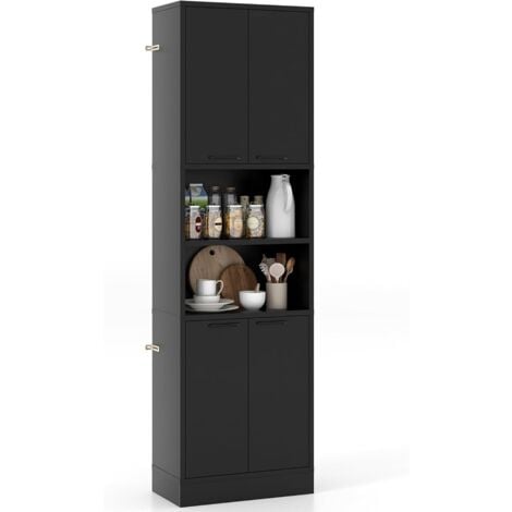 COSTWAY Credenza da Cucina Salvaspazio 56 x 30 x 190cm, Mobile Buffet Alto con 2 Armadi a Doppia Porta e 2 Mensole Aperte, Mobiletto Multiusuo per Soggiorno, Camera da letto e Bagno (Nero)