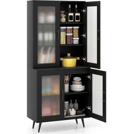COSTWAY Credenza da Cucina Salvaspazio, Armadio Dispensa con 4 Ante Trasparenti, Ripiano Regolabile e Gambe in Metallo, Mobiletto Alto per Soggiorno e Sala da Pranzo, 80 x 40 x 178,5 cm (Nero)