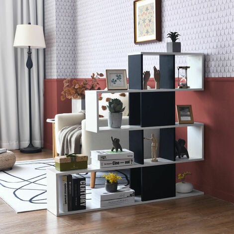COSTWAY Cube Storage Bookcase, Wooden Display Bookshelf Corner Rack, Modern Freestanding Ladder Shelving Unit Room Divider for Home Office Living Room Bedroom (Black + White)