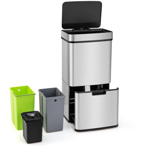 COSTWAY Cubo de Basura de 72 L, Cubo de Basura Cocina con Sensor de Movimiento, 4 Compartimentos 2 x 11L + 3,5L + 46,5L, Cierre Suave y Tapa Abierta, de Acero Inoxidable, Funciona con Pilas
