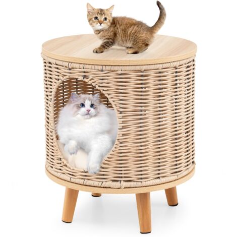 COSTWAY Cuccia Gatto 36 x 36 x 41 cm in Rattan Traspirante, Comodino Rotondo con Gambe in Legno e Cuscino Rimovibile, Casetta per Aniamli Domestici per Camera da Letto e Soggiorno