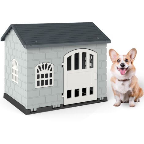 COSTWAY Cuccia per Cani da Esterno ed Interno, Cassetta per Cani con Porta Bloccabile, 3 Finestre e Tetto Inclinato, Cucce per Cagnolino in Plastica Impermeabile (Grigio)
