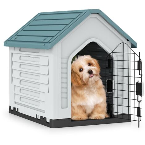 COSTWAY Cuccia per Cani da Esterno ed Interno, Cassetta per Cani Impermeabile con Porta in Metallo Bloccabile e Prese d'aria e Tetto Spiovente, Cucce per Cuccioli per Casa, 66,5 x 52 x 60 cm (Blu)