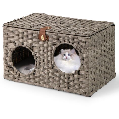 COSTWAY Cuccia per Gatti in Rattan 60 x 35 x 35 cm, Casetta per Gatti con Cuscino Morbido Rimovibile e Coperchio Bloccabile, Comodino per Animali Domestici per Soggiorno e Camera da Letto