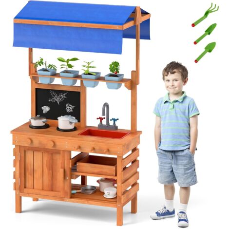 COSTWAY Cucina Giocattolo per Giardino con Attrezzi da Giardinaggio 2 in 1, Cucina per Bambini in Legno di Pino con Tettoia Regolabile, 4 Vasi e Lavagna, Set Cucina con 9 Accessori, 77 x 52 x 135 cm