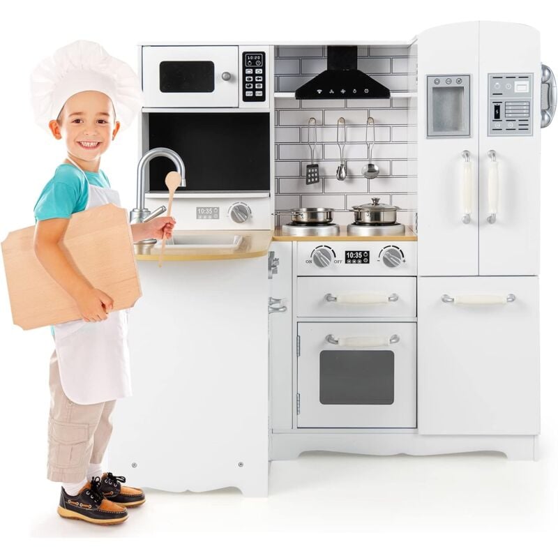 Costway - Cuisine d'Angle Enfants avec Réfrigérateur Latéral, Cuisinière de Jeu en Bois avec Machine à Laver, Téléphone Simulé, Ustensiles de