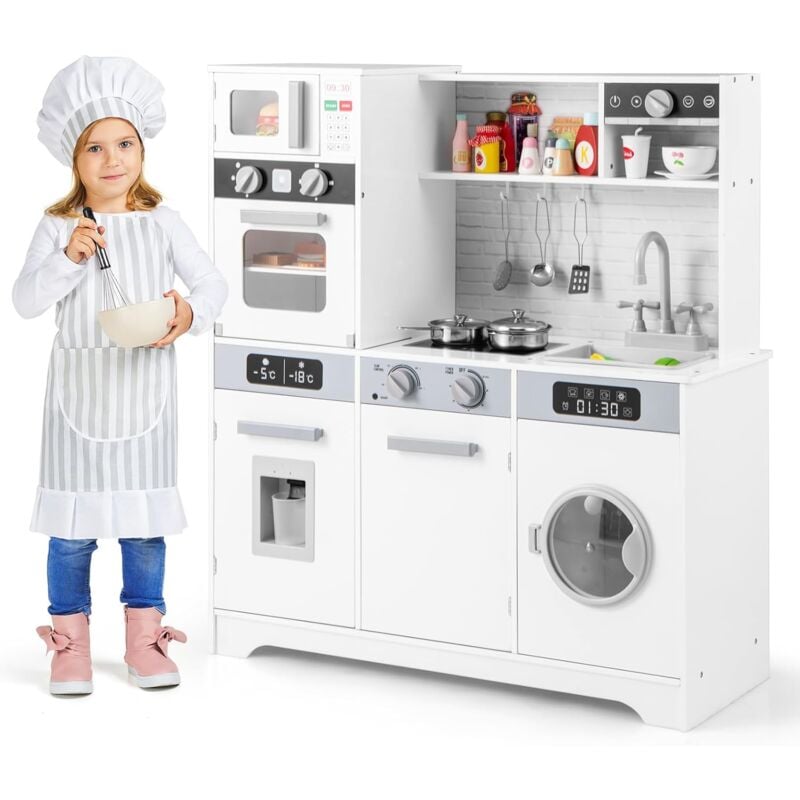 Cuisine Enfant avec Distributeur d'Eau & Machine à Laver, Cuisiniere Enfant avec Lumière & Effet Sonore, Micro-Ondes & Cafetière, Jeu de Cuisine pour