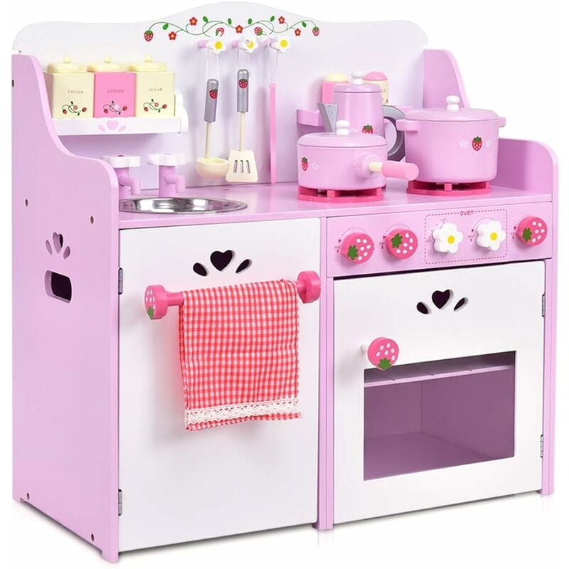 Costway - Cuisine enfant cuisine jouet pour enfant rose etblanc cuisine en bois