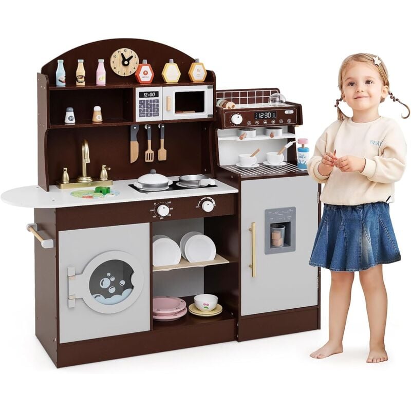 Costway - Cuisine Enfant en Bois avec Machine à Café & Machine à Glaçons, Jeu de Cuisine Enfant avec Horloge & Micro-Ondes, 26 Accessoires & Espace