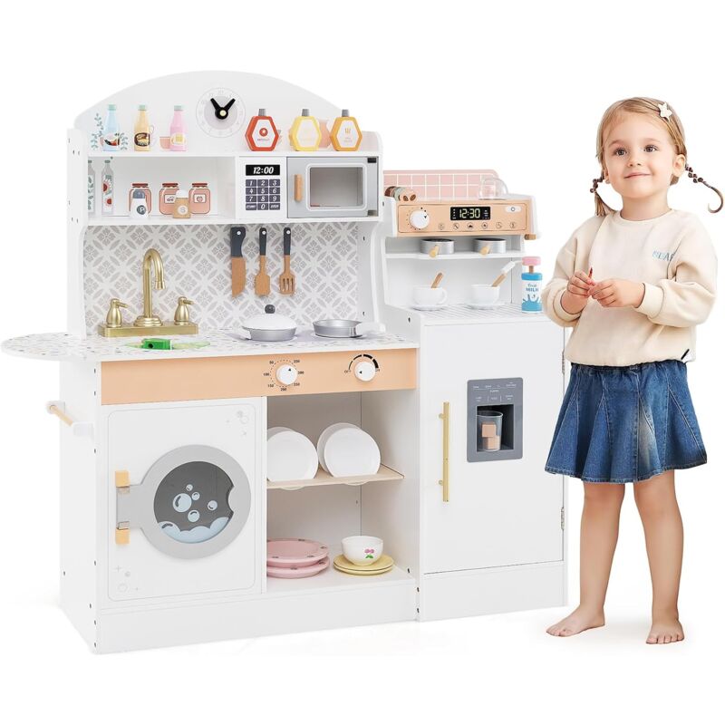 Costway - Cuisine Enfant en Bois avec Machine à Café & Machine à Glaçons, Jeu de Cuisine Enfant avec Horloge & Micro-Ondes, 26 Accessoires & Espace
