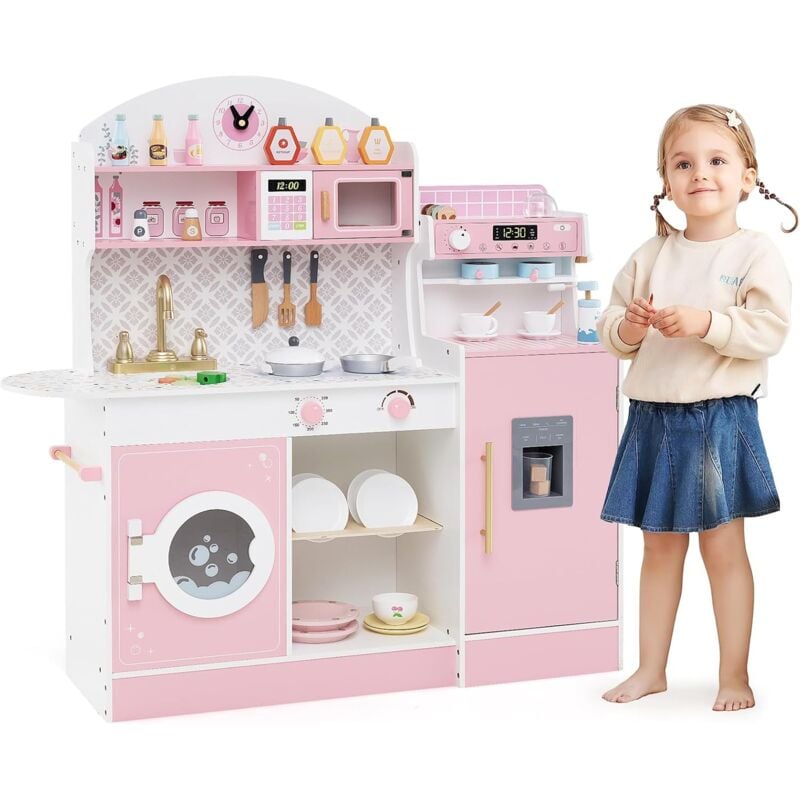 Costway - Cuisine Enfant en Bois avec Machine à Café & Machine à Glaçons, Jeu de Cuisine Enfant avec Horloge & Micro-Ondes, 26 Accessoires & Espace