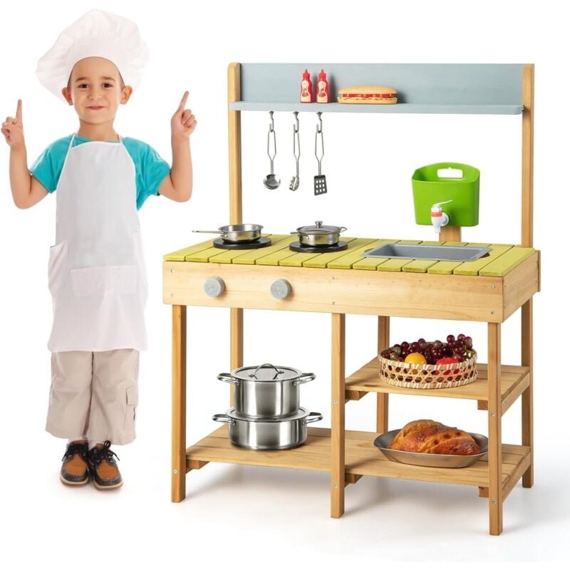 Cuisine Enfants en Bois avec Réservoir à Eau 700 ml & Robinet, Jeu de Cuisine Enfants avec Bouton Rotatif, Etagère Amovible, Jouet de Simulation pour