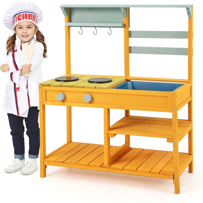 Costway - Cuisine Extérieure Enfant avec Évier & Poêles Doubles, Cuisine de Boue en Bois de Sapin avec Bouton Rotatif, Étagère de Rangement, Cuisine