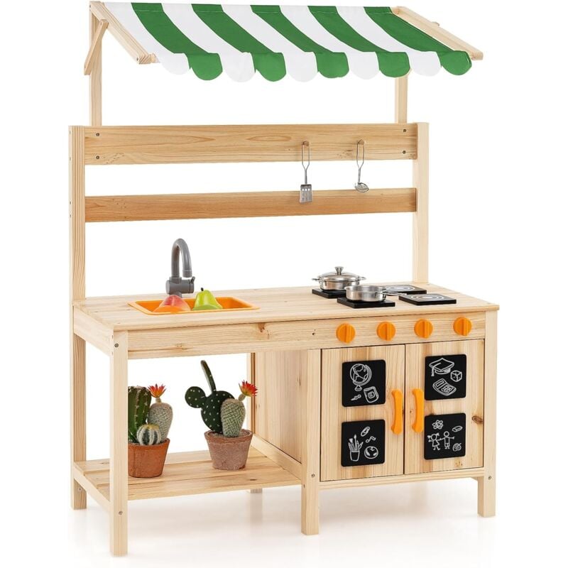 Cuisine Extérieure Enfant avec Tableau Noir & Auvent, Jeu de Cuisine en Bois de Sapin avec 4 Accessoires & 4 Cuisinières, Boutons Rotatifs & Étagère,