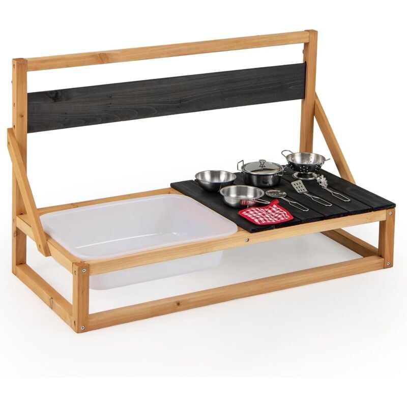 Costway - Cuisine Extérieure Murale Enfant avec Tableau Noir & Évier, Jeu de Cuisine en Bois de Sapin Enfant avec 7 Accessoires & Chiffon, Cuisine de