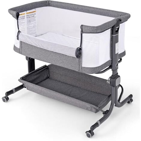 COSTWAY Culla da Affiancare per Neonati, Culla per Bambini con Altezza Regolabile a 6 Livelli, con Mensola Portaoggetti, Materasso e Borsa da Trasporto, per Bambini 0-6 Mesi (Grigio Scuro)