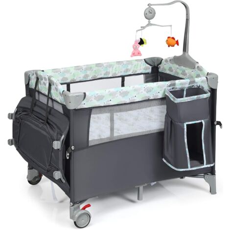 COSTWAY Cuna de Viaje para Bebé Cambiador,Cama de 2 Niveles con Juguetes Colgando,Caja de Música, Colchón y Bolsa de Transporte