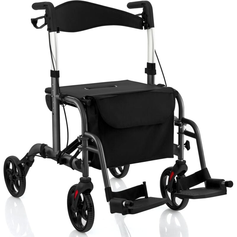 Déambulateur à 4 Roues Pliable en Aluminium, Rollator Poignées Réglables en Hauteur 85-98 cm Dossier Réversible Porte-canne et Repose-pieds Pliable,