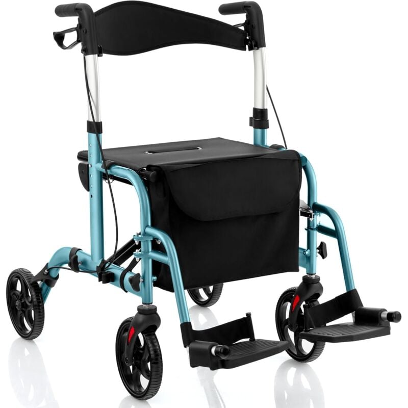 Déambulateur à 4 Roues Pliable en Aluminium, Rollator Poignées Réglables en Hauteur 85-98 cm Dossier Réversible Porte-canne et Repose-pieds Pliable,