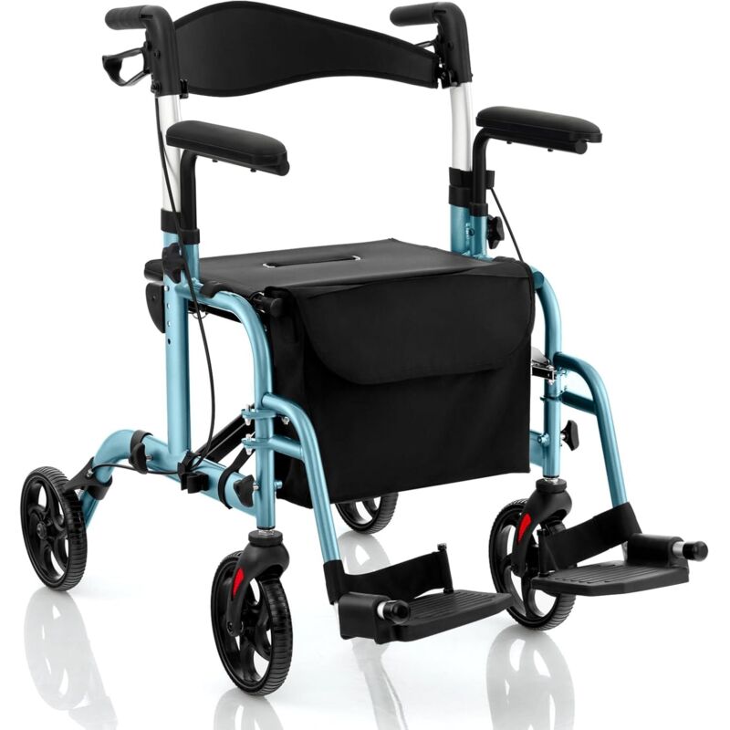 COSTWAY Déambulateur Pliable 4 Roues, Rollator Léger avec Dossier Réversible, Hauteur Réglable Poignée Frein à Main Porte-Parapluie, Aide Mobilité