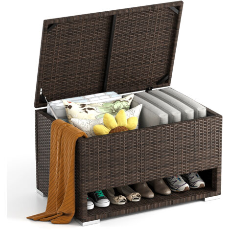 COSTWAY Deck Box 180L PE Rattan Storage Bin with Shoe Rack-Mix Brown