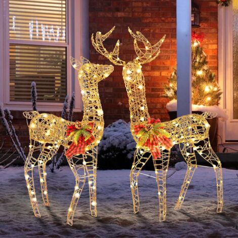 COSTWAY Décoration de Noël 200 Lumières Blanches Chaudes, Biche de 100 cm et Cerf de 110 cm Éclairées Fonction Minutée, Décoration du Nouvel an avec 8 Piquets pour Intérieur & Extérieur