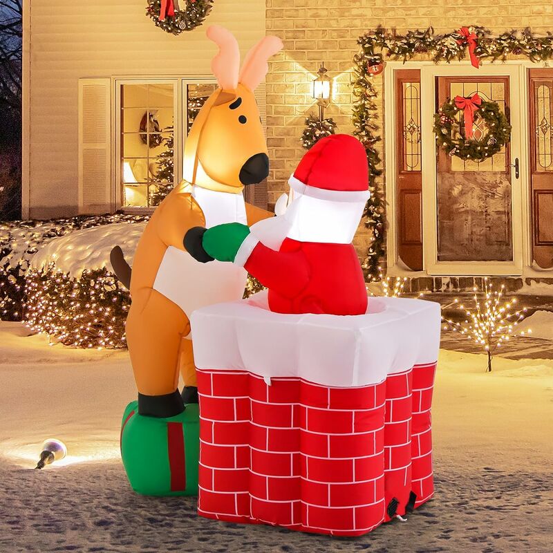 costway - décoration de noël gonflable de 155 cm avec lumières led intégrées, cheminée renne debout sur une boîte cadeau et père noël gonflable, pour