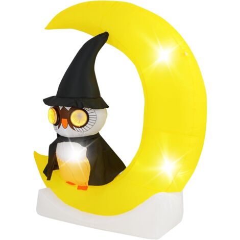 COSTWAY Décoration d'halloween Eclairée LED, Hibou Gonflable sur Lune 130 x 155 cm, Grande Lune et Hibou Sorcier, Décoration de Fête Géante Gonflable, Piquets et Sacs de Sable, pour Cour, Jardin