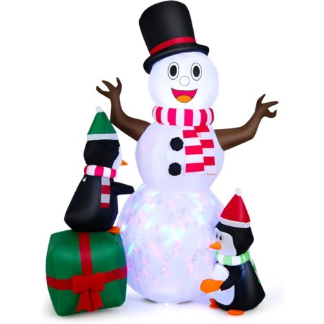 COSTWAY Décoration Gonflable de Bonhomme de Neige de Noël de 180 cm avec Pingouins, Décoration de Noël Gonflable avec LED Blanches et Colorées et Gonfleur, Décor d'Intérieur Extérieur