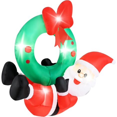 COSTWAY Decorazione Gonfiabile di Natale 120 CM, Babbo Natale Illuminato e Corona con Fiocco Rosso, 5 Luci LED, Soffiatore e 2 Corde, per Prato, Casa, Festa