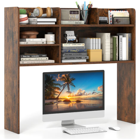COSTWAY Desktop Bookshelf Desk Hutch Shelf for Computer Monitor-Brown