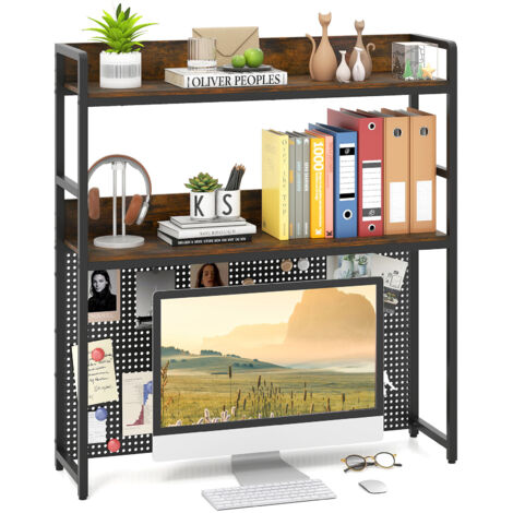 COSTWAY Desktop Bookshelf Multipurpose 2-Tier Desk Hutch-Brown