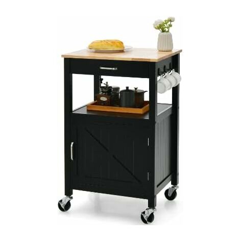 COSTWAY Desserte à roulettes Dessus en Bois de Caoutchouc, Desserte Meuble Cuisine Tiroir de Rangement, Armoire et 3 Crochets Latéraux 56x45x91cm