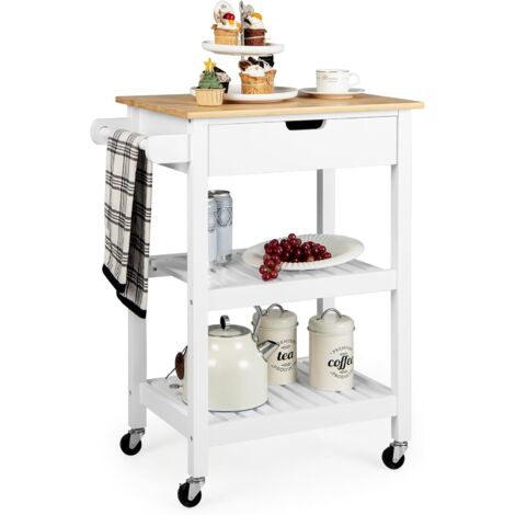 COSTWAY Desserte à roulettes en Bambou, Chariot de Cuisine avec Tiroir Coulissant, Porte-Serviettes Latéral, 2 Étagères Ouvertes, Chariot de Service Roulant pour Cuisine, Salle à Manger, Salon, Blanc