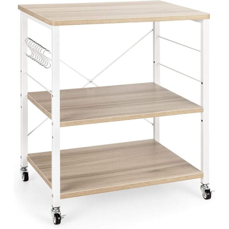 Costway - Desserte, Chariot de Service à Roulette, avec 10 Crochets Amovibles, Desserte de Cuisine à 3 Tablettes, Cadre Métallique (Naturel)