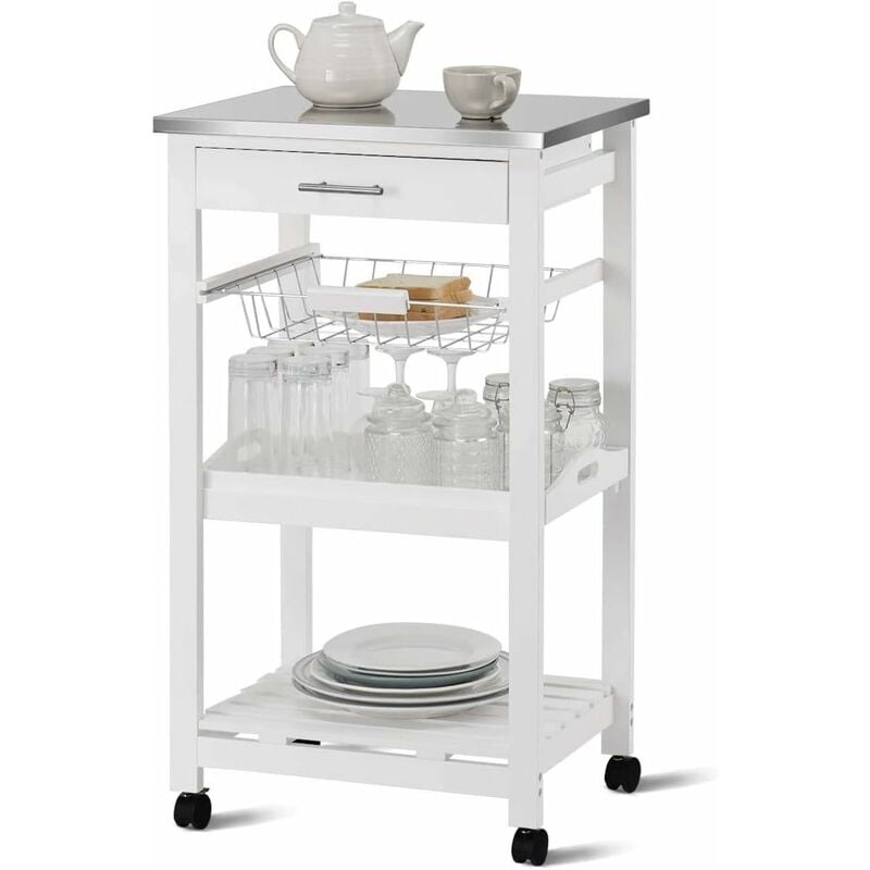 Costway - Desserte Cuisine à Roulettes avec Tiroir et Panier en Fil Métallique, Chariot de Service avec Plateau en Acier Inoxydable
