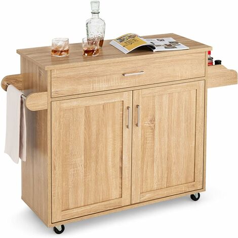 Costway – Desserte de cuisine à roulettes 116x40x85 cm – Étagère réglable 3 niveaux – Grand placard et tiroir – Roues en caoutchouc verrouillables