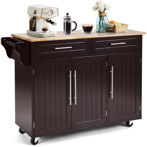 Costway – Desserte de cuisine à roulettes 122 x 46 x 93 cm – Chariot de service en MDF et hévéa – 2 tiroirs, 3 tablettes réglables, porte-serviettes, porte-couteau