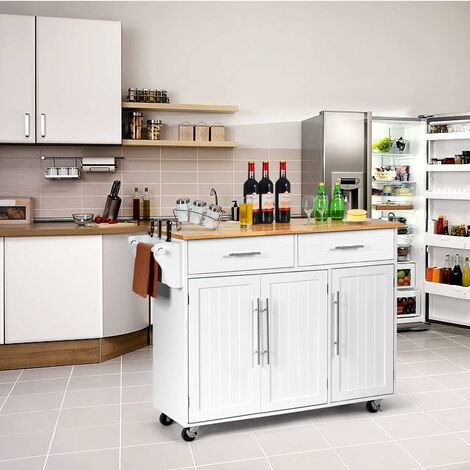 Costway – Desserte de cuisine à roulettes avec 2 tiroirs – 3 tablettes réglables – 4 roulettes avec freins – Dimensions 122 x 46 x 92,3cm – MDF et hévéa