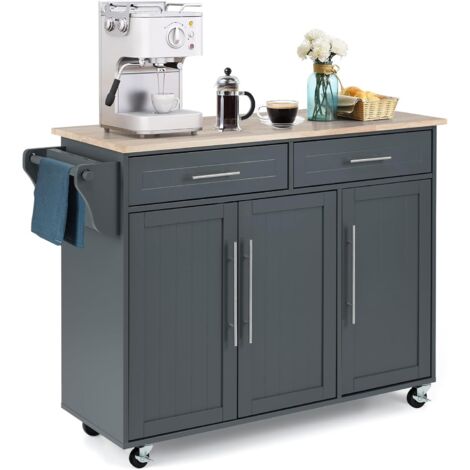 COSTWAY Desserte de Cuisine à roulettes, Chariot de Service Imperméable avec 2 Tiroirs, Étagères Réglables, Porte-Serviettes, Couteau, 3 Portes, Poignée Inoxydable, 46 x 122 x 93 cm (Gris)